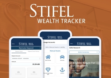 Stifel Wealth Tracker; Image of 3 cell phones with the wealth tracker features on them.